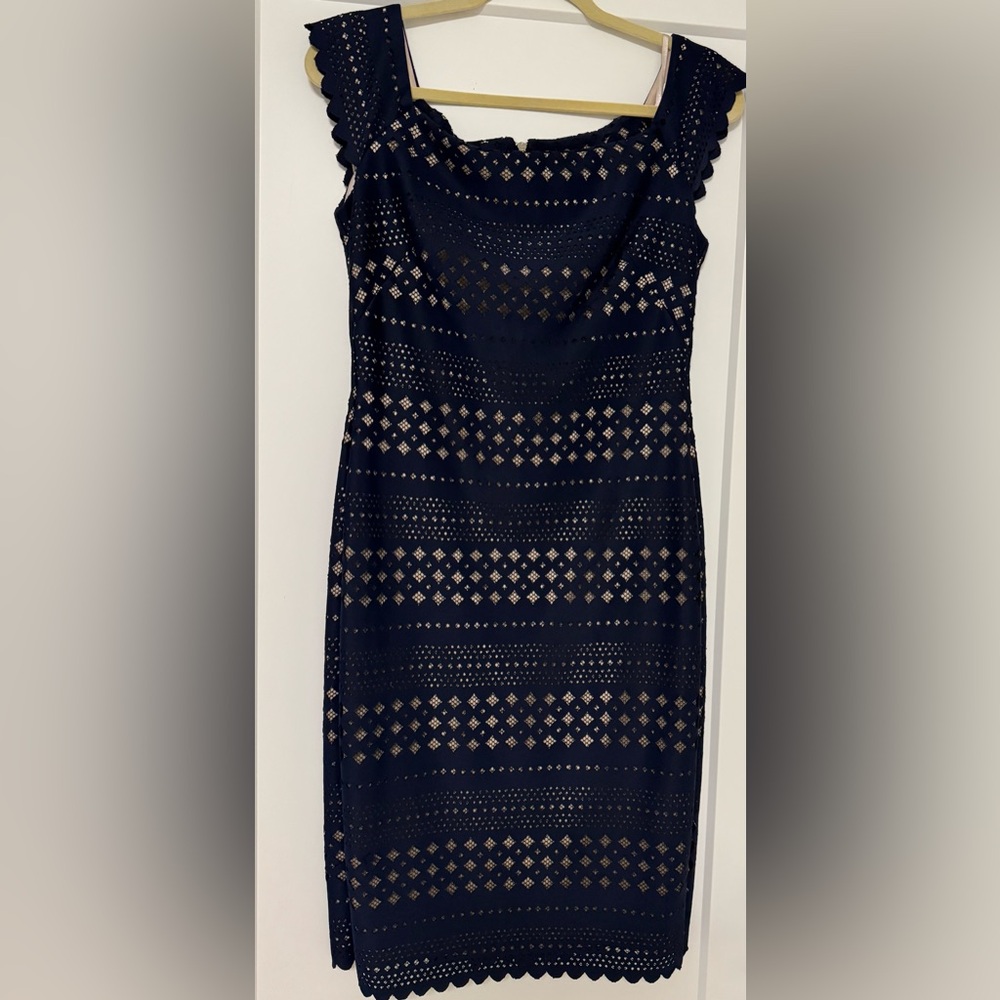 Eliza J Navy and Beige Cutout Cocktail Dress